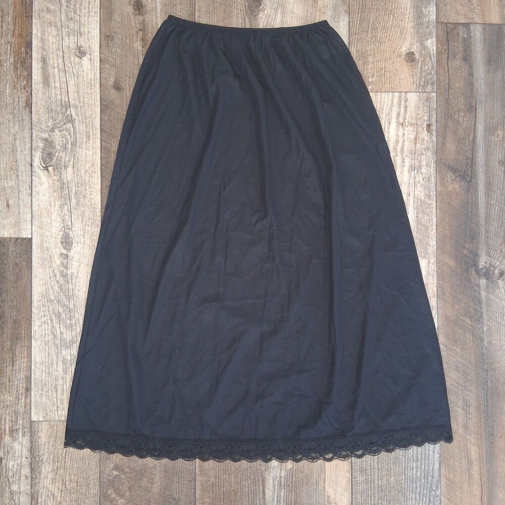 VNTG Deena USA Made Black Satin Lace Trim Half Slip Skirt L Fairy Grunge Boudoir - Picture 1 of 12